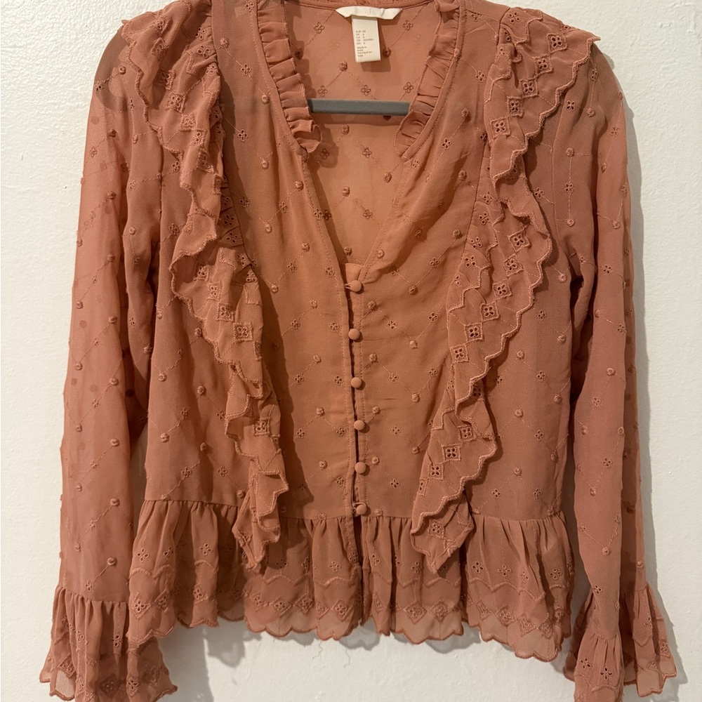 H&M pink long sleeve ruffle top blouse